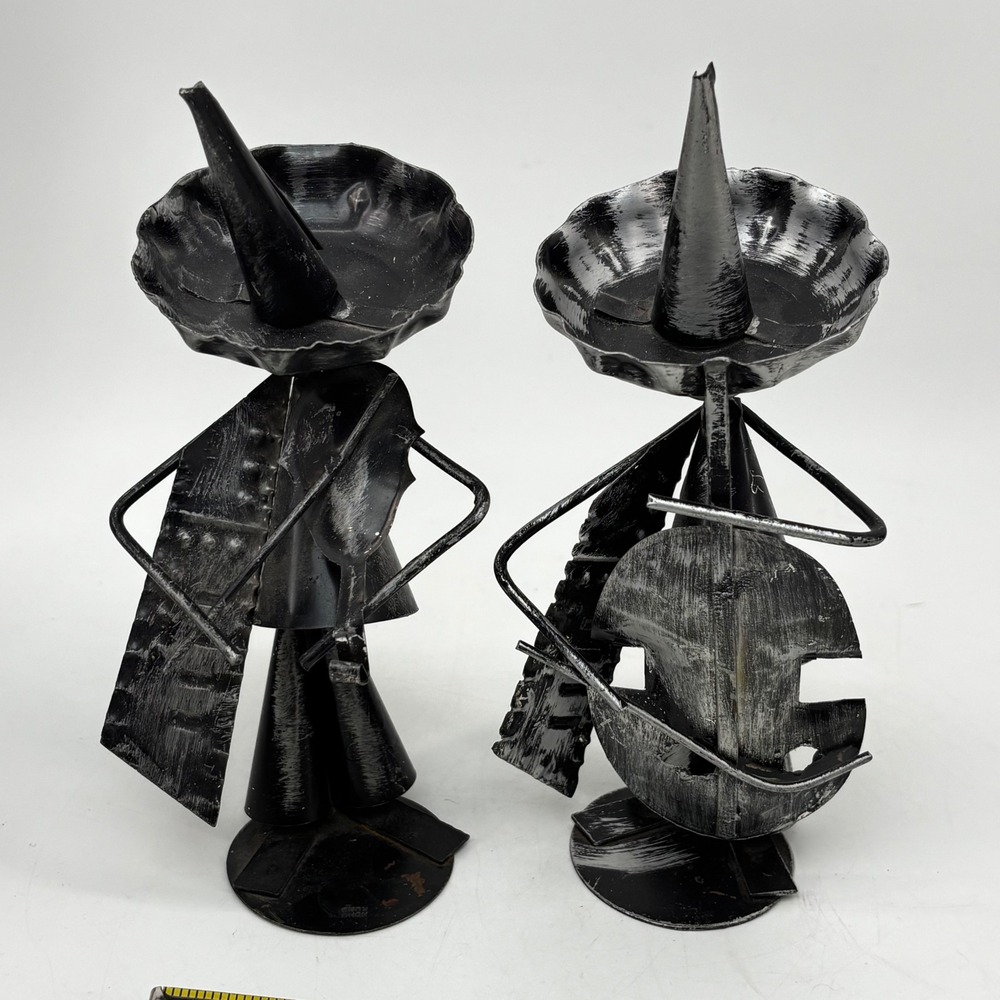 Vintage Metal Mariachi Musician Figurines Set of 2 Sombrero Folk Art Black Metal